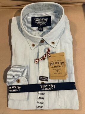 The New Ivy Brand Men’s Light Blue Linen Button-Down Shirt - Large Bluebirds